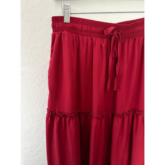 Tiered Drawstring Boho Peasant Maxi Skirt Deep Red Burgundy | Large - Picture 3 of 6